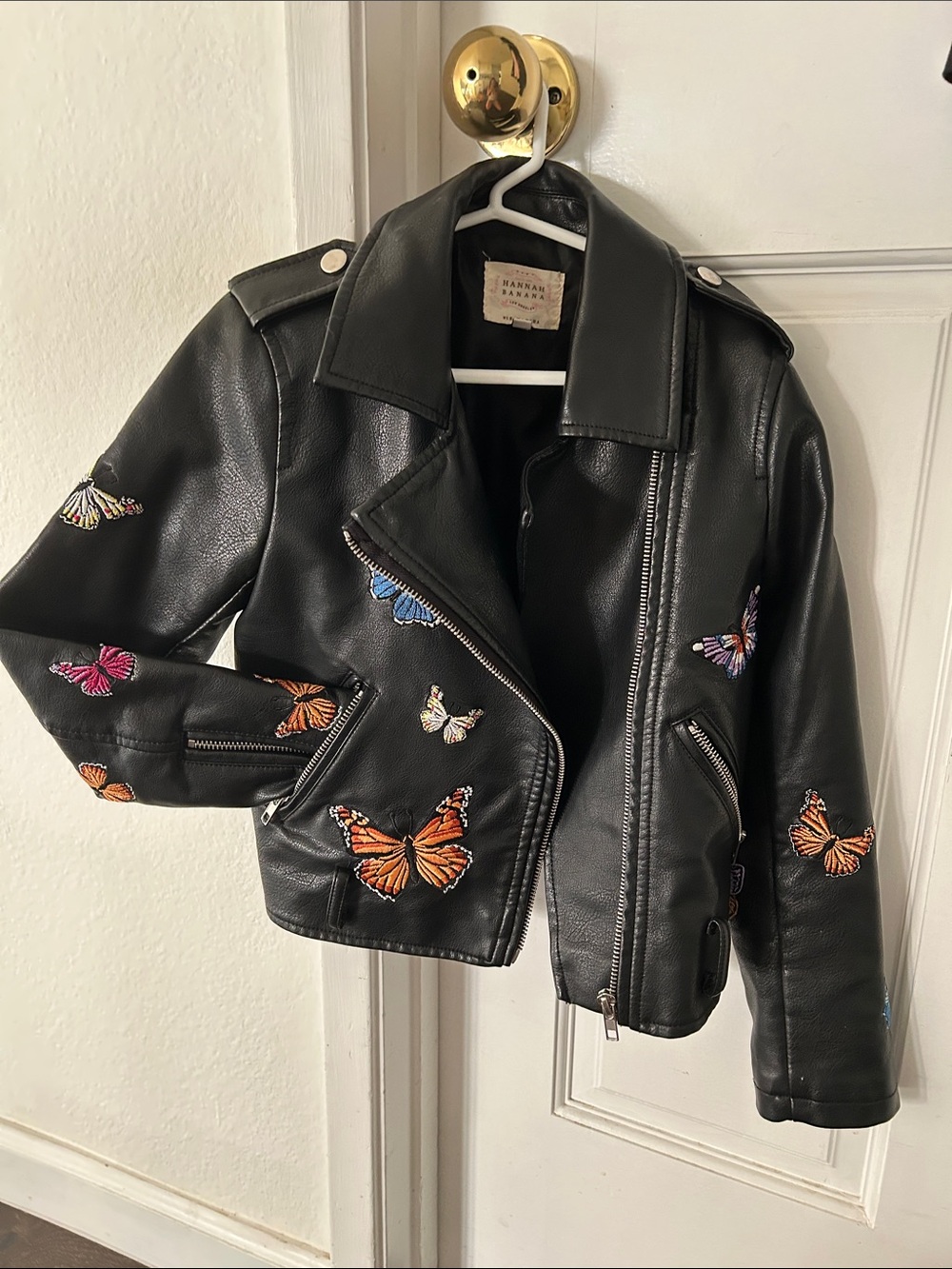Hannah Banana Black Faux Leather Moto Jacket with Multicolor Butterfly Accents